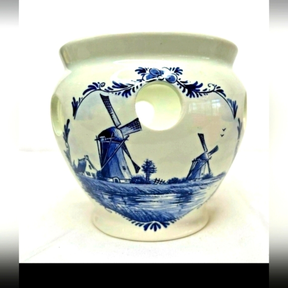 Delft Blue Round Bulb Planter Delftsche Huys Holland Windmills Boats Florals - Picture 1 of 7